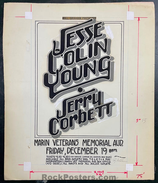 ORIGINAL ART -  Jesse Colin Young - Randy Tuten Signed - 1975 Newspaper Ad - Marin Veterans Auditorium - Excellent