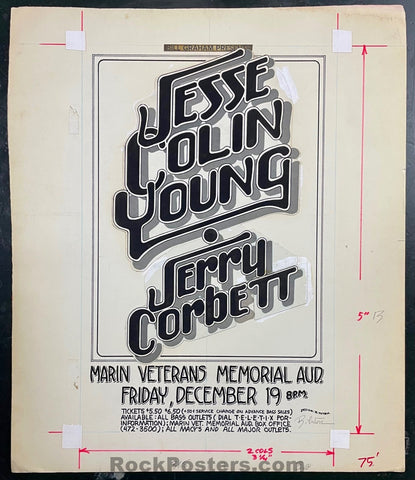 ORIGINAL ART -  Jesse Colin Young - Randy Tuten Signed - Marin Veterans Auditorium - 1975 Newspaper Ad - Excellent