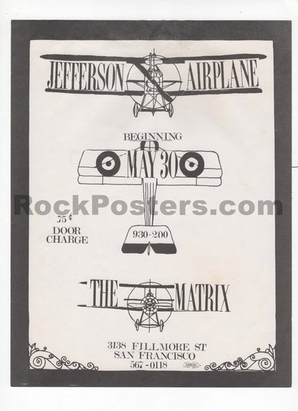 AUCTION - Jefferson Airplane - 1966 Handbill - The Matrix - Excellent