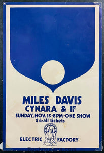 AUCTION - Jazz - Miles Davis - 1970 Poster - Electric Factory Phila., PA. - Excellent