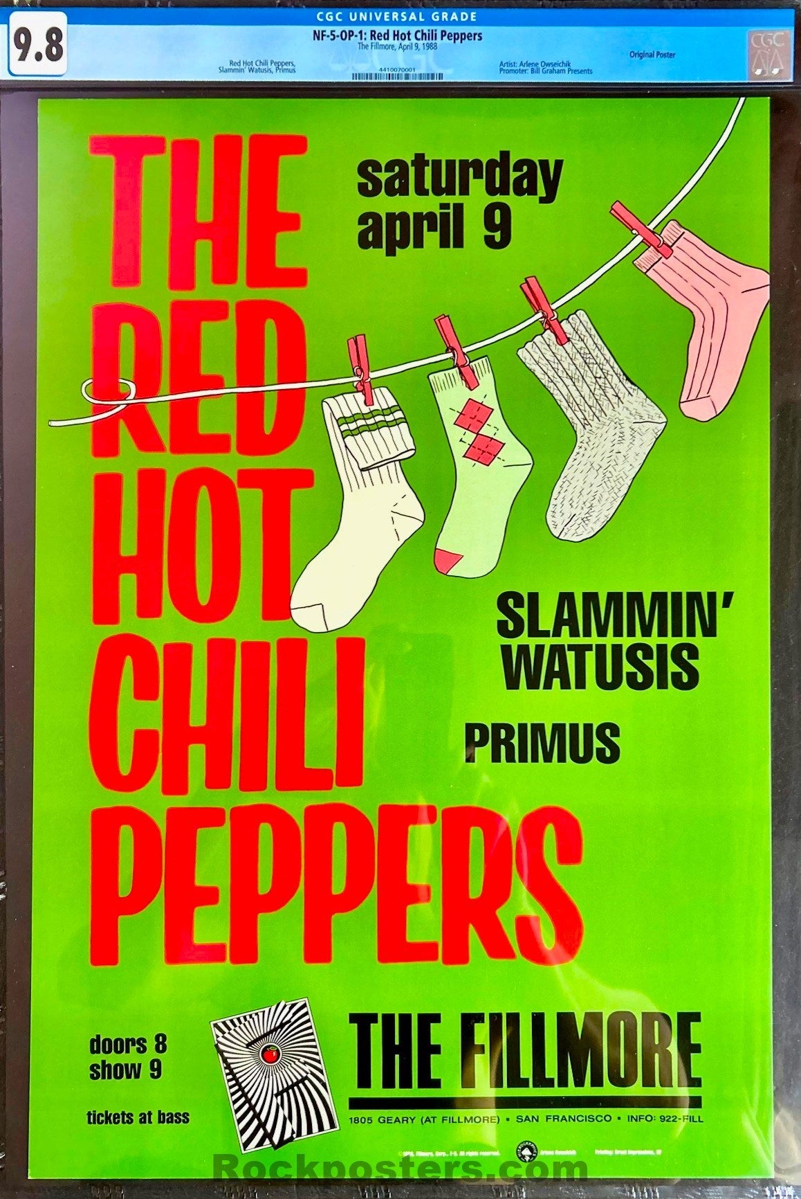 AUCTION - NF-5 - Red Hot Chili Peppers - Arlene Owseichik - 1988 Poster - The Fillmore - CGC Graded 9.8