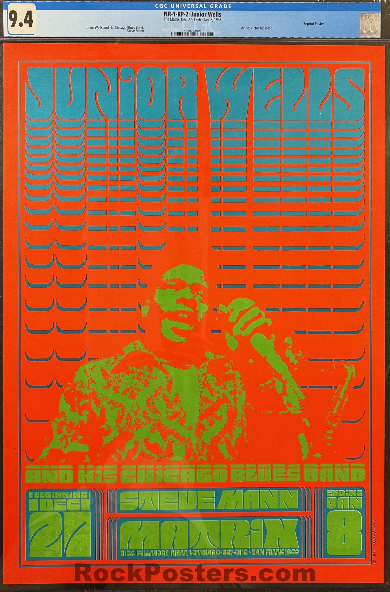 AUCTION - Neon Rose 1-RP-2 - Junior Wells - Victor Moscoso - 1967 Poster - The Matrix  - CGC Graded 9.4