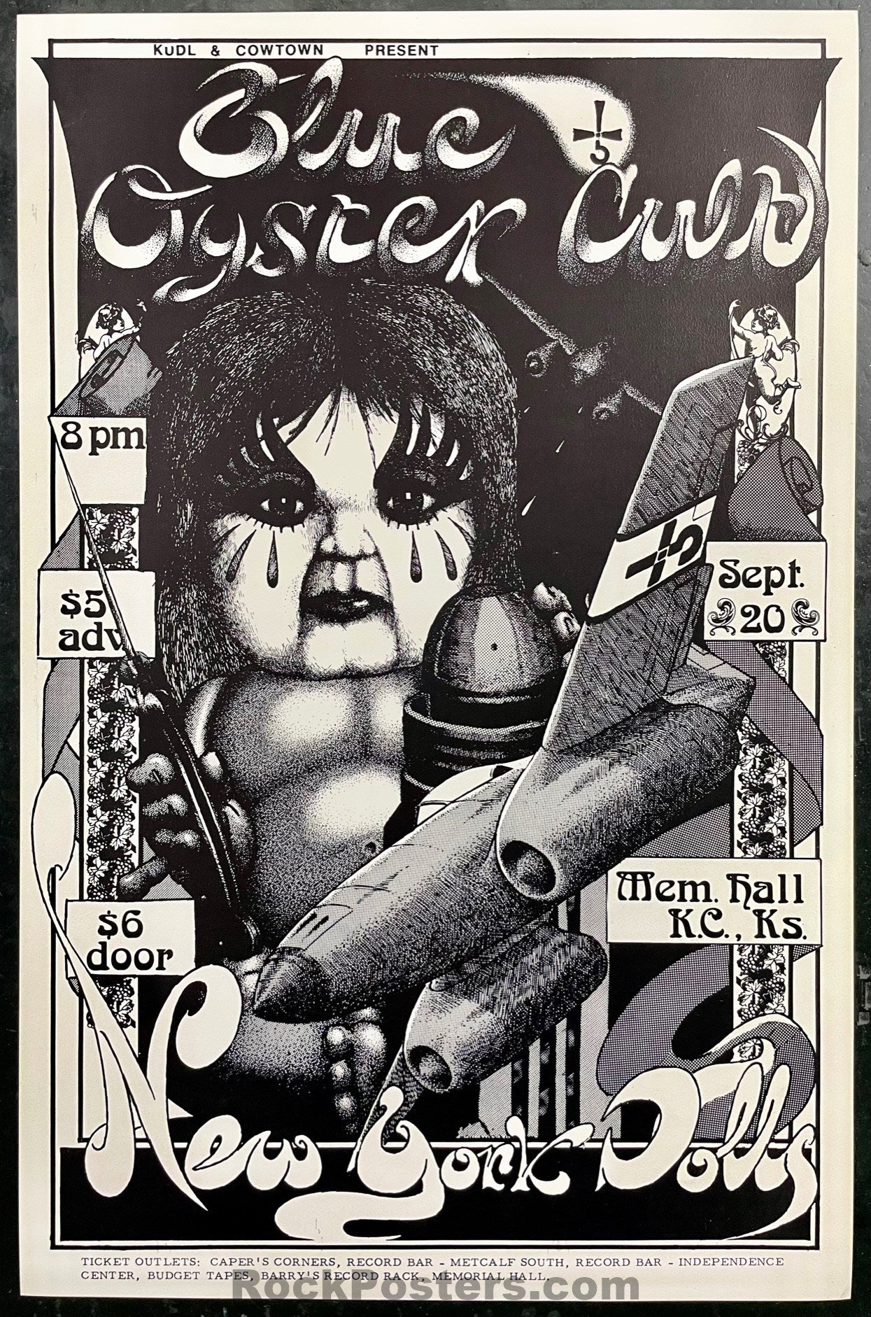 AUCTION - New York Dolls - Blues Oyster Cult - Memorial Hall Kansas - 1974 Concert Poster - Near Mint