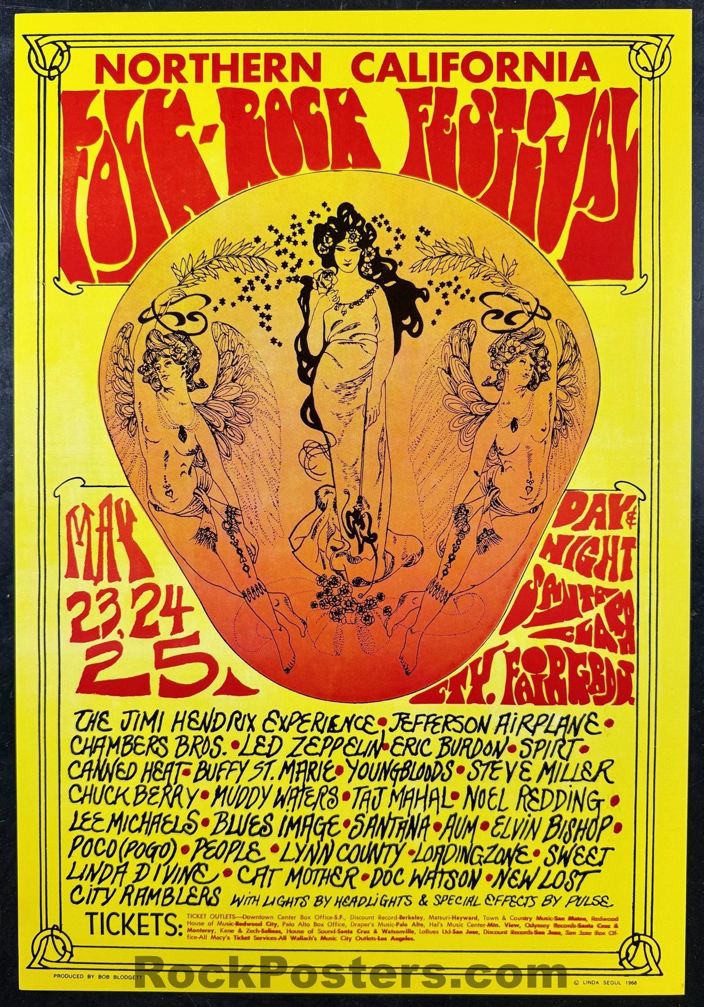 AUCTION - Jimi Hendrix - Led Zeppelin - 1968 Poster - Nor Cal Folk-Rock Festival - Near Mint