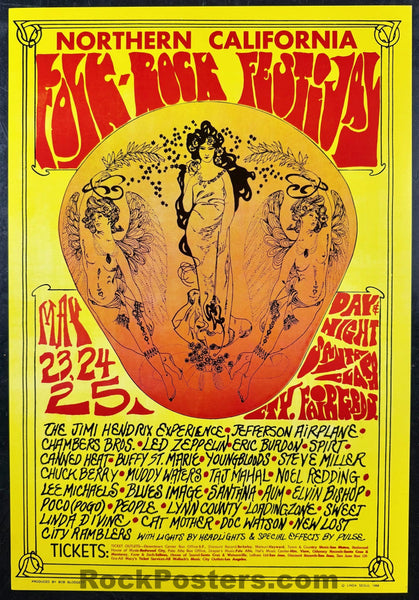 AUCTION - Jimi Hendrix - Led Zeppelin - 1968 Poster - Nor Cal Folk-Rock Festival - Near Mint