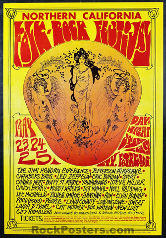 AUCTION - Jimi Hendrix - Led Zeppelin - 1968 Poster - Nor Cal Folk-Rock Festival - Near Mint