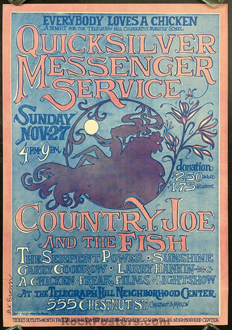 AUCTION - QuicksIlver Messenger - Mary Kay Brown Signed - San Francisco - 1968 Benefit Poster - Near Mint Minus