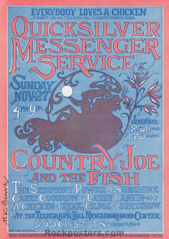 AUCTION - Quicksilver Country Joe -  Mark Kay Brown Signed - 1966 Handbill - San Francisco - Near Mint
