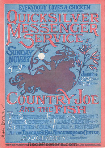 AUCTION - QuicksIlver Messenger - Mary Kay Brown Signed - San Francisco - 1968 Benefit Handbill - Near Mint