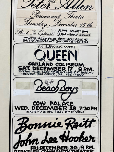 ORIGINAL ART - Grateful Dead - Queen/Beach Boys - Randy Tuten Signed - Multiple Venues - 1977 SF Chronicle Ad - Excellent