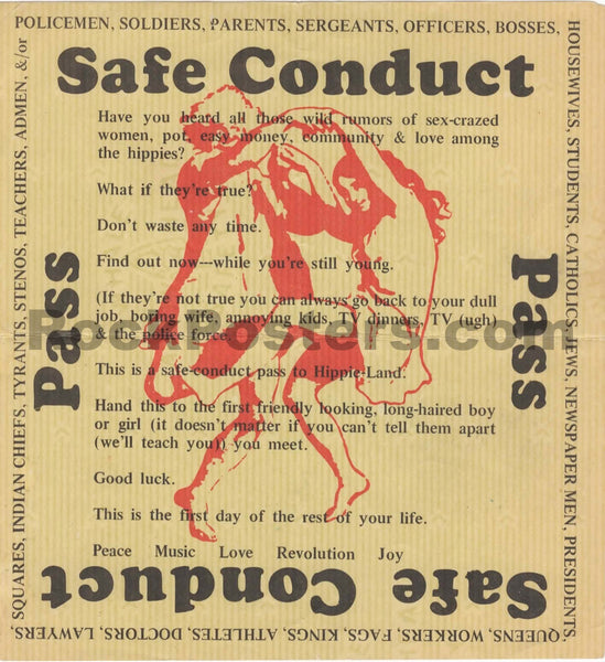 AUCTION - "Safe Conduct Pass" - to Hippie-Land - 1967 Handbill - Excellent