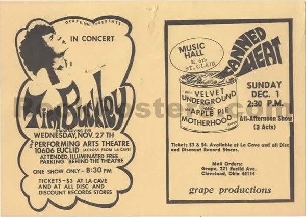 AUCTION - Velvet Underground - Tim Buckley - 1968 Handbill - Cleveland OH - Excellent
