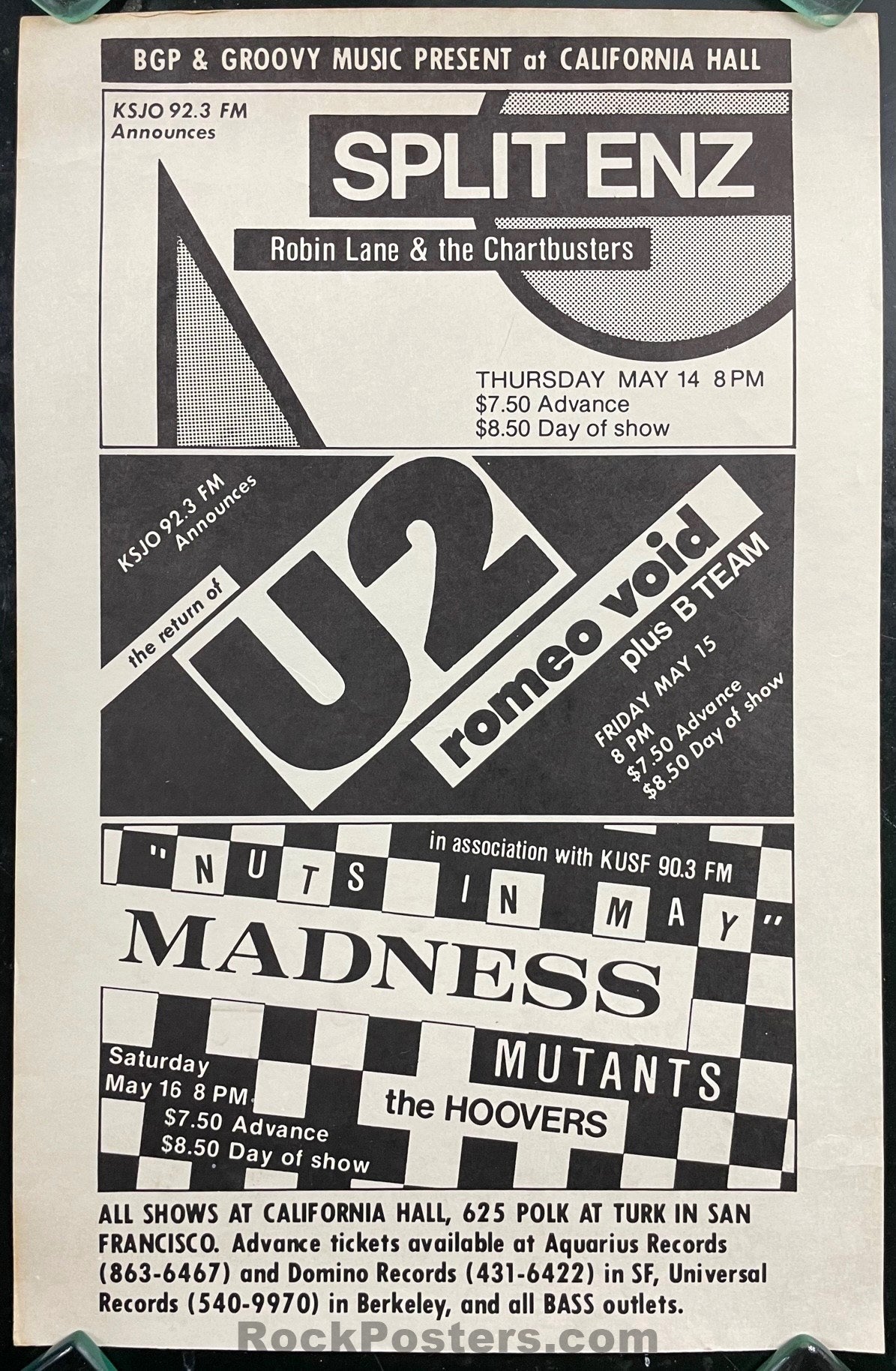 AUCTION - U2 - Madness - Boy Tour - California Hall - 1981 Concert Poster - Excellent