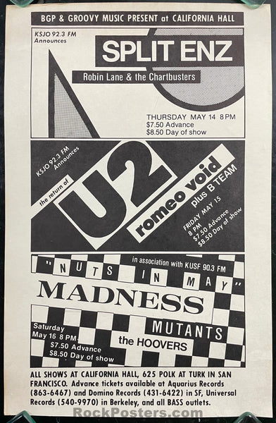 AUCTION - U2 - Madness - Boy Tour - California Hall - 1981 Concert Poster - Excellent