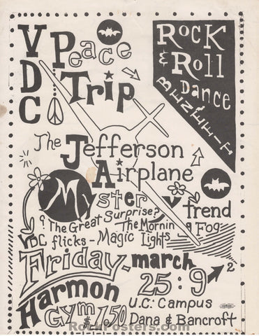 AUCTION - AOR 2.275 - Jefferson Airplane - VDC Peace Trip - UC Berkeley - 1966 Handbill - Excellent