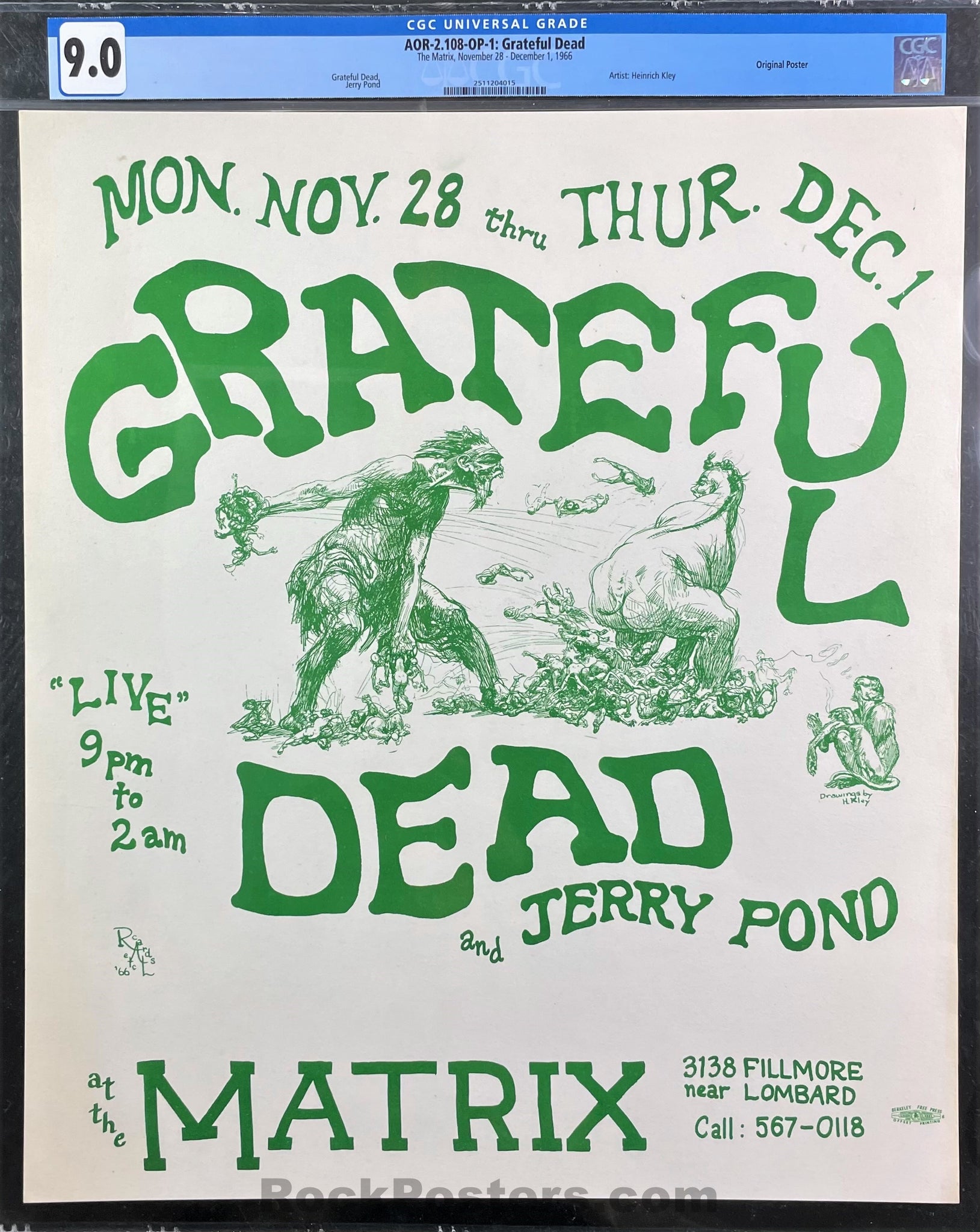 AUCTION - AOR 2.108 -  Grateful Dead - 1966 Poster - The Matrix - CGC Graded 9.0