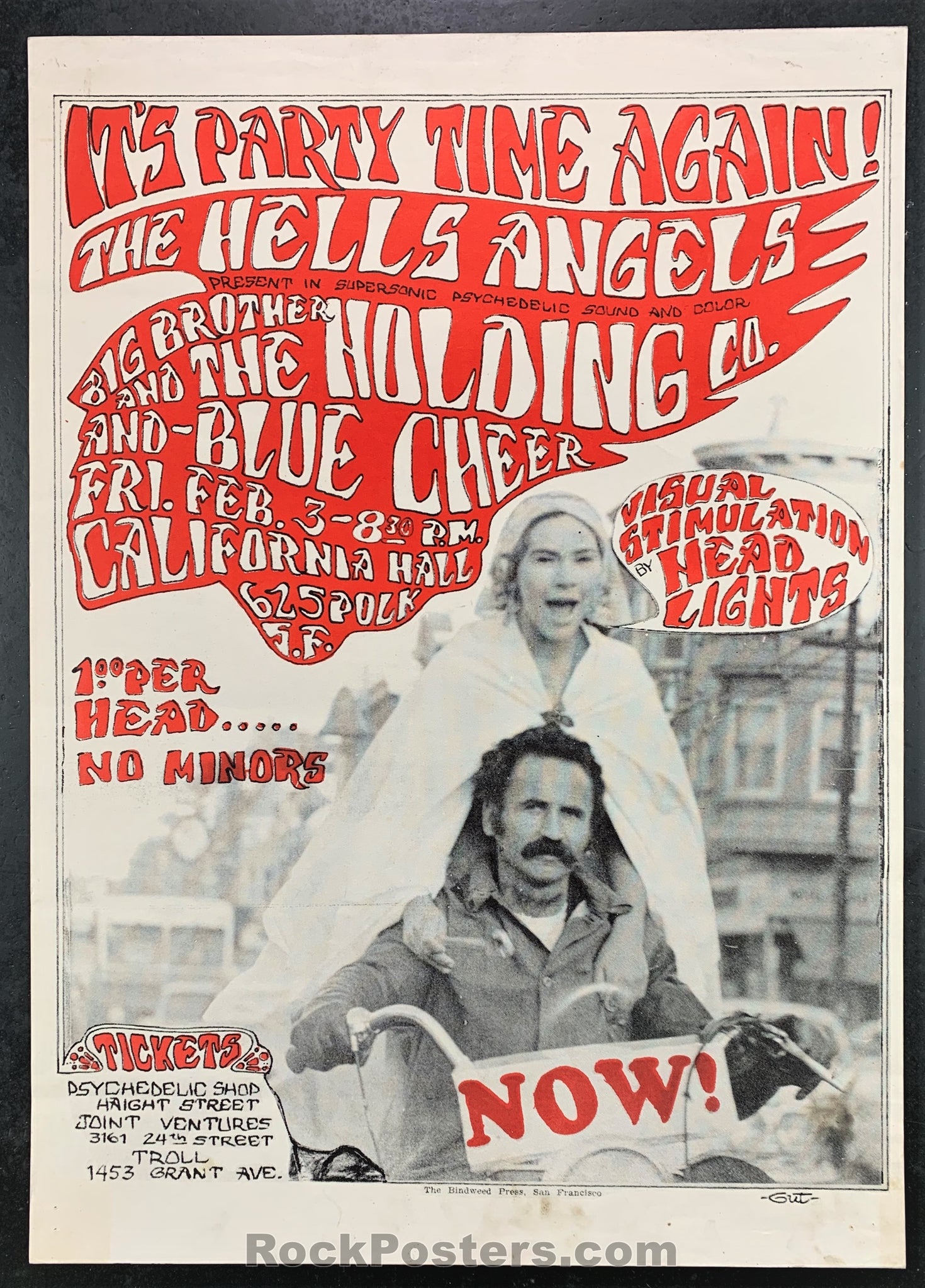AUCTION - AOR 2.248 - Hell's Angels - Janis Joplin Blue Cheer - 1967 Original Poster - California Hall - Excellent