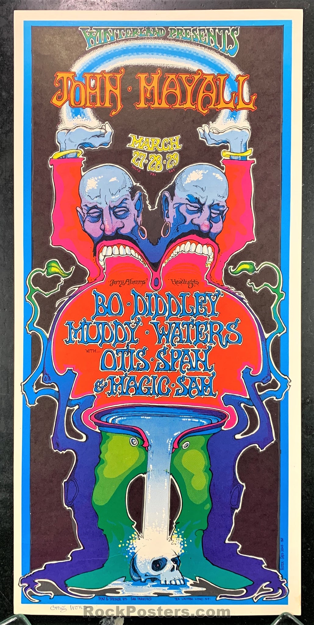 AUCTION - AOR 4.55 - John Mayall Muddy Waters - Greg Irons SIGNED - 1969 Poster  - Winterland  - Very Good