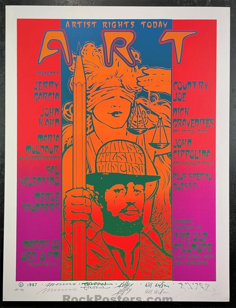 AUCTION - Artist Rights Today - BIG FIVE SIGNED - Jerry Garcia 1989 Poster  - Near Mint Minus