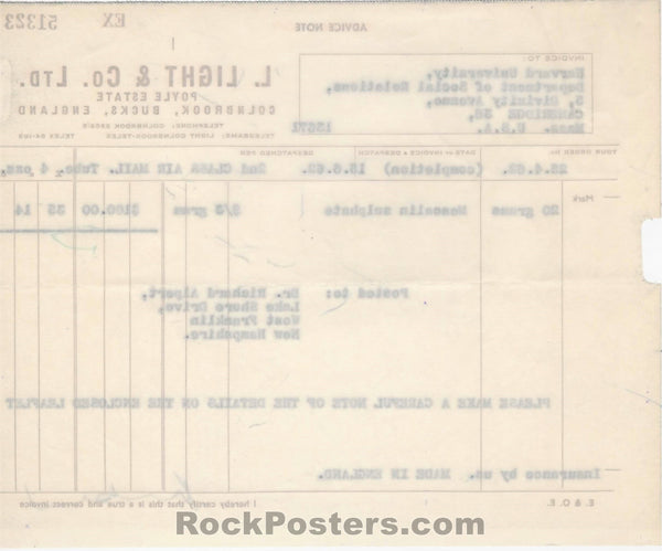 AUCTION - Richard Alpert - Harvard 1962 Mescaline Invoice - Excellent