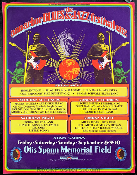 AUCTION - Michigan Ann Arbor Blues Fest '72 - Miles Davis Mingus - Sun Ra Muddy Waters - 1972 Poster - Grimshaw - Excellent