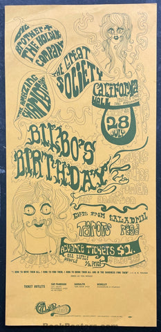 AUCTION - AOR 2.156 - Bilbo's Birthday -  Janis Joplin Grace Slick - 1966 Handbill - California Hall - Very Good