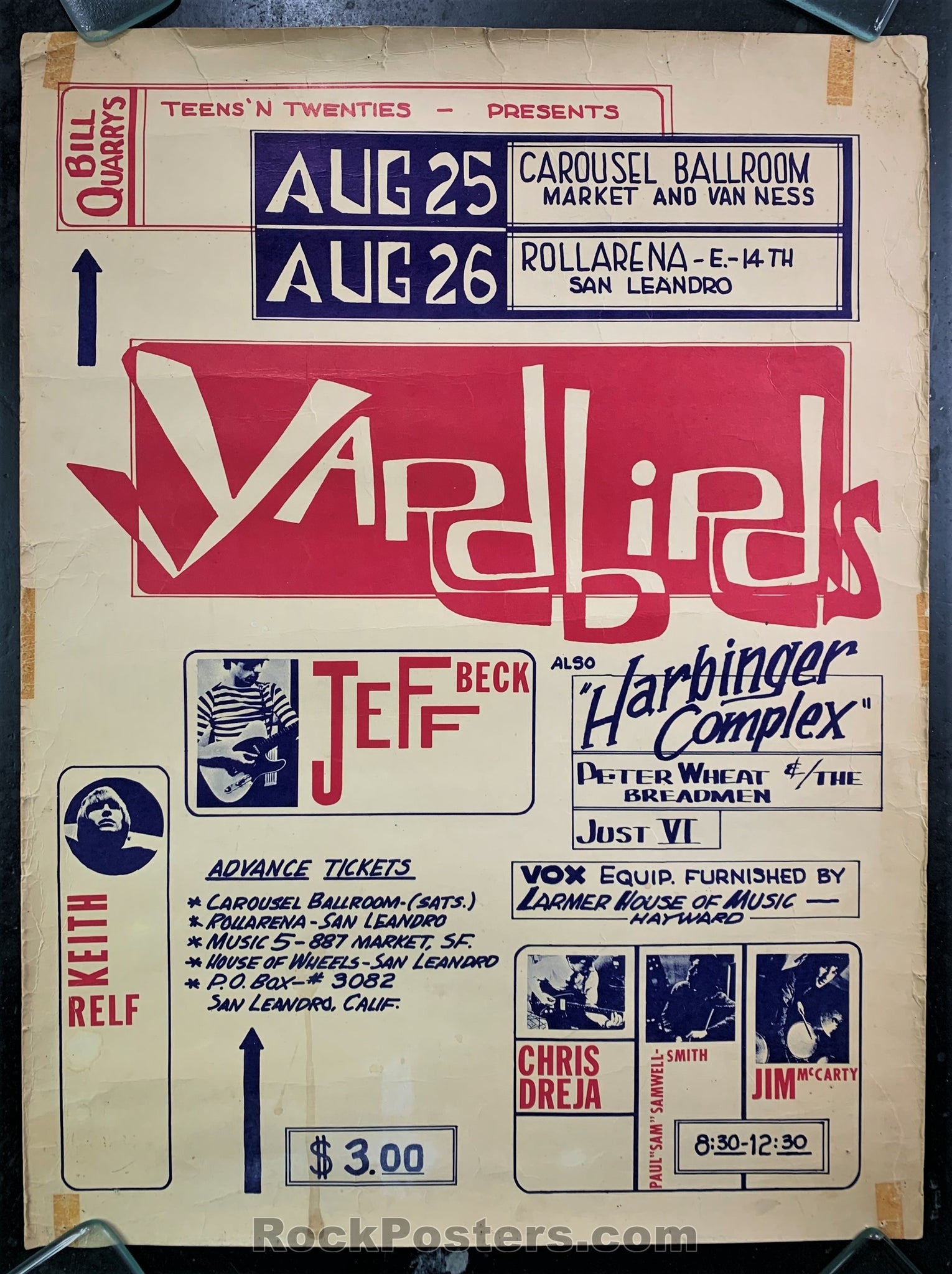 AUCTION - AOR 2.293 - Yardbirds 1966 Board Poster - Carousel Ballroom - Very Good