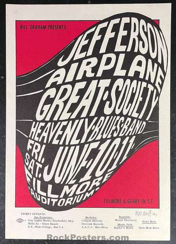 AUCTION - BG-10 - Jefferson Airplane - Wes Wilson SIGNED - 1966 Poster - Fillmore  Auditorium - Near Mint Minus