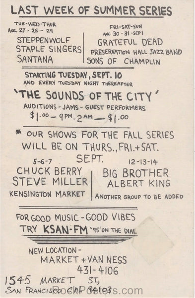 AUCTION - BG-134 - Grateful Dead Santana - Calendar Back 1968 Postcard - Near Mint Minus