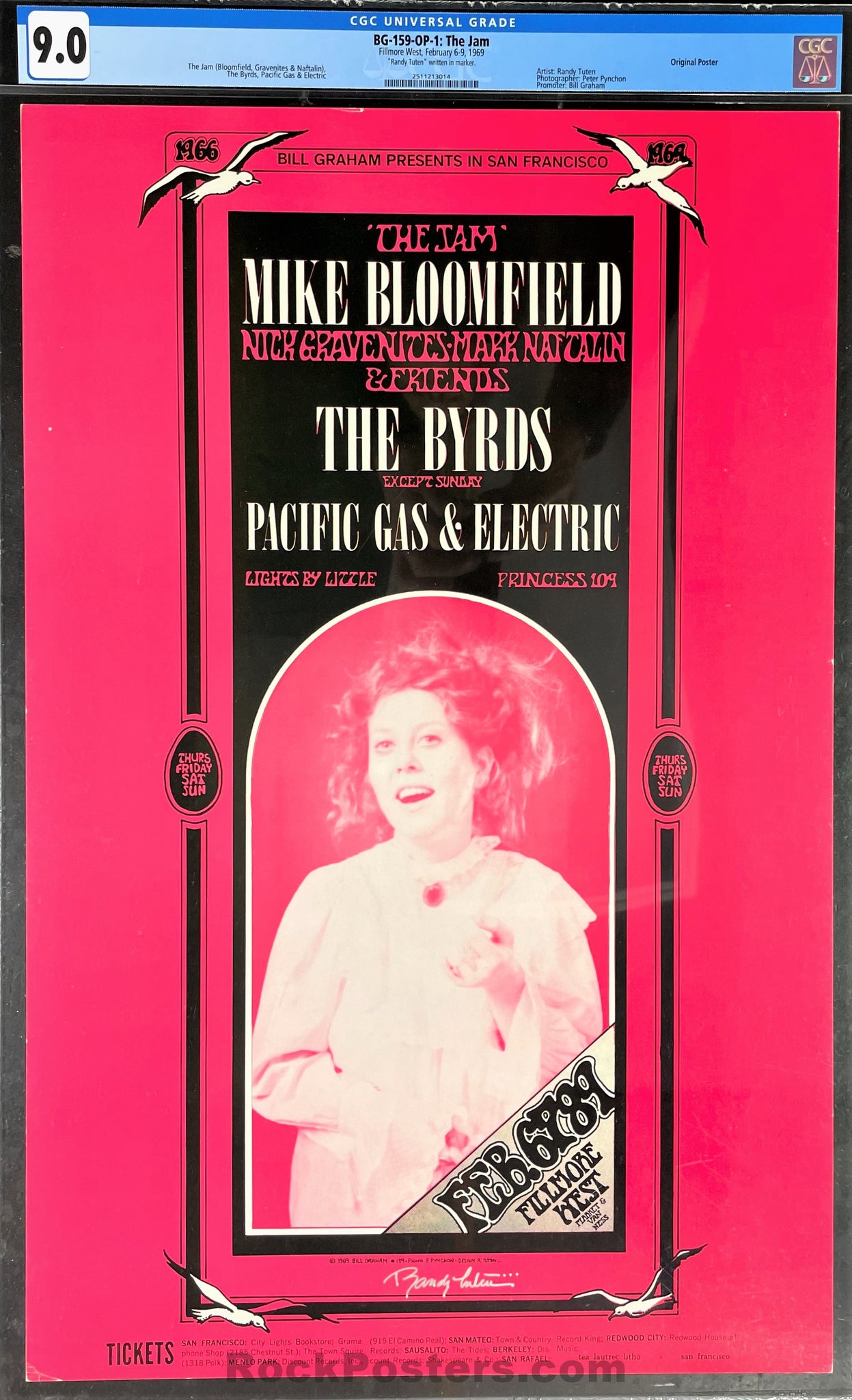 AUCTION -  BG-159 -The Byrds - 1969 Poster - Randy Tuten Signed - Fillmore West - CGC Graded 9.0