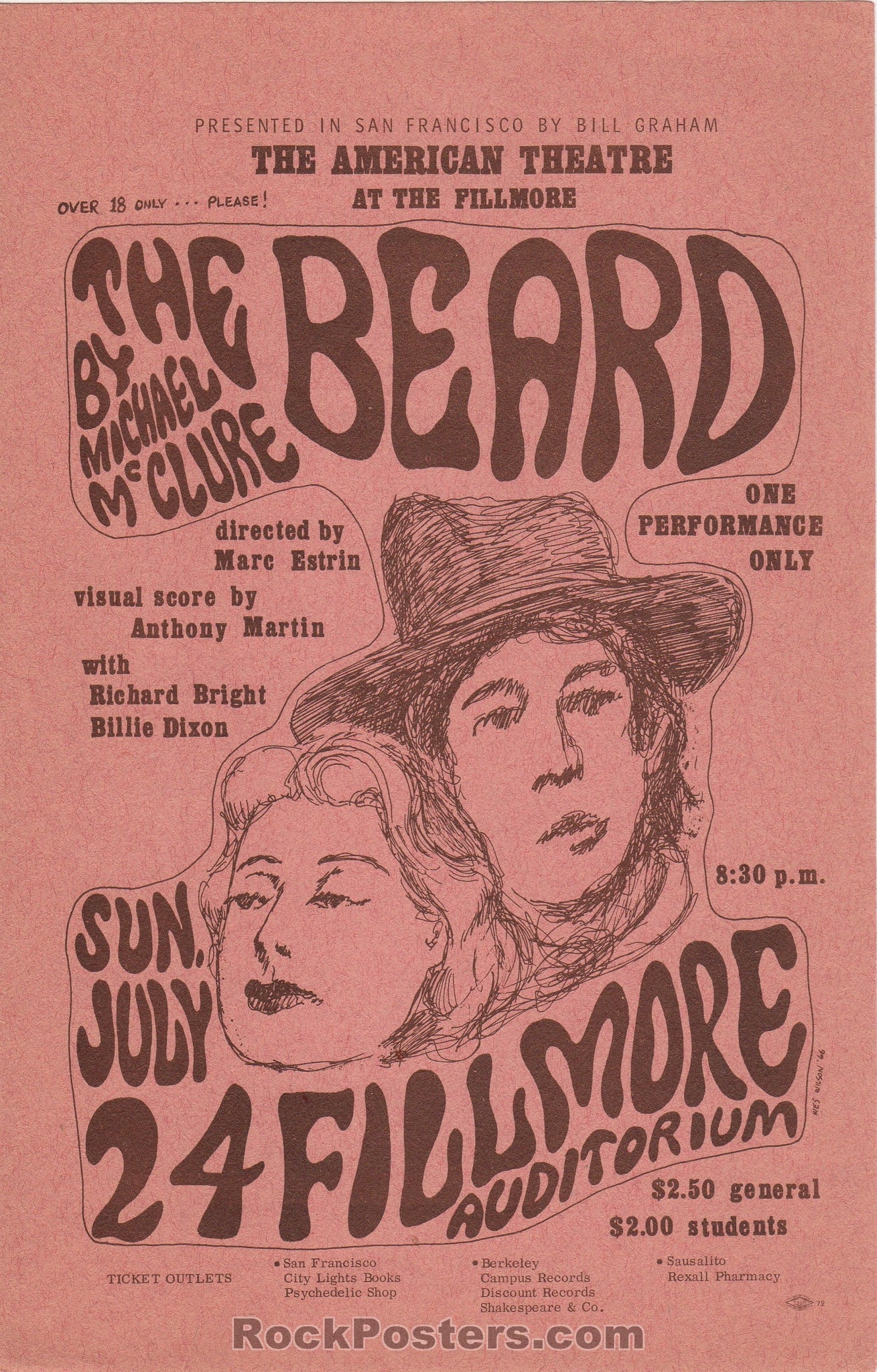 AUCTION - BG-19 -  The Beard Wes Wilson - 1966 Handbill - Brown Ink/Paper Version - Fillmore Auditorium - Near Mint