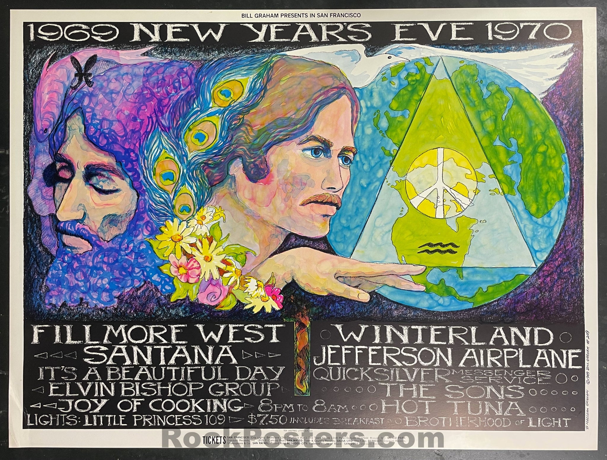 AUCTION - BG-209 - Santana Jefferson Airplane - New Years 1969 - Bonnie MacLean Poster - Fillmore West - Excellent