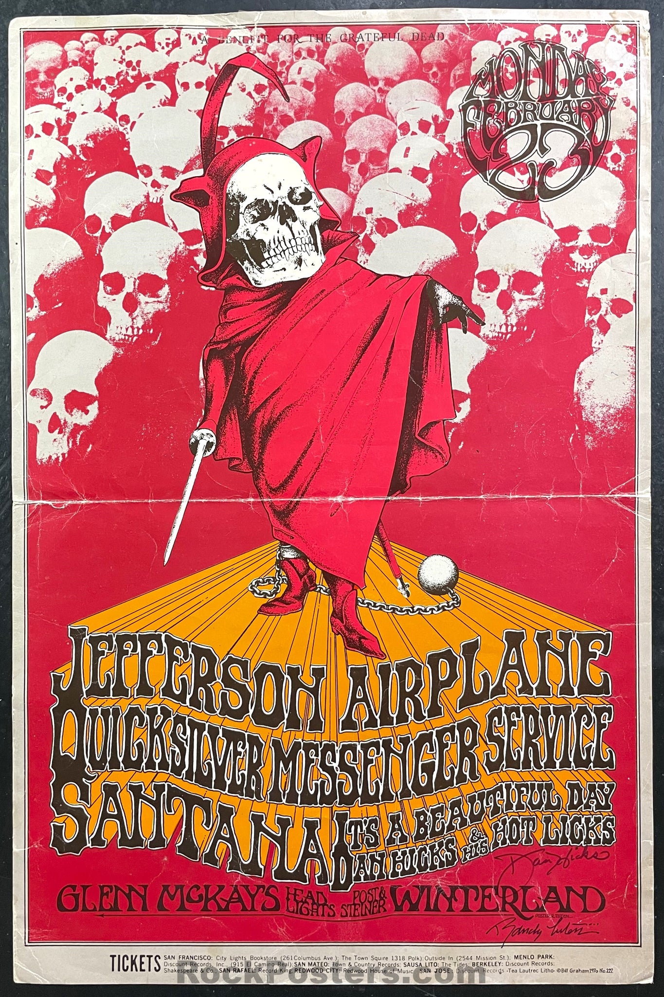AUCTION - BG-222 - Jefferson Airplane - Dan Hick's & Tuten Signed - 1970 Poster - Winterland - Rough