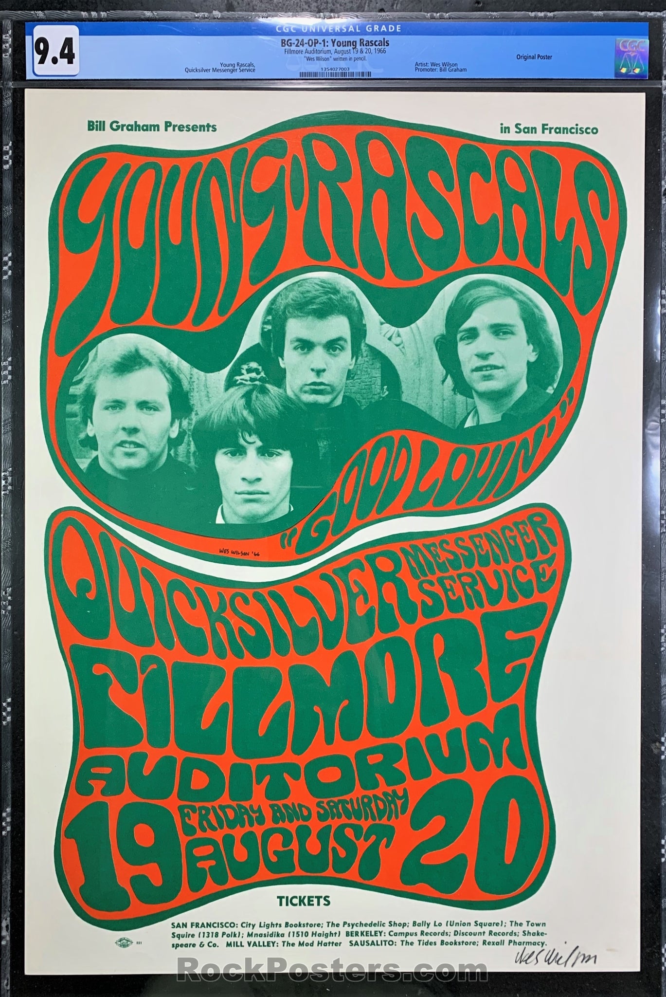 AUCTION - BG-24 - The Young Rascals - Wes Wilson SIGNED - 1966 Poster - Fillmore Auditorium - CGC Graded 9.4