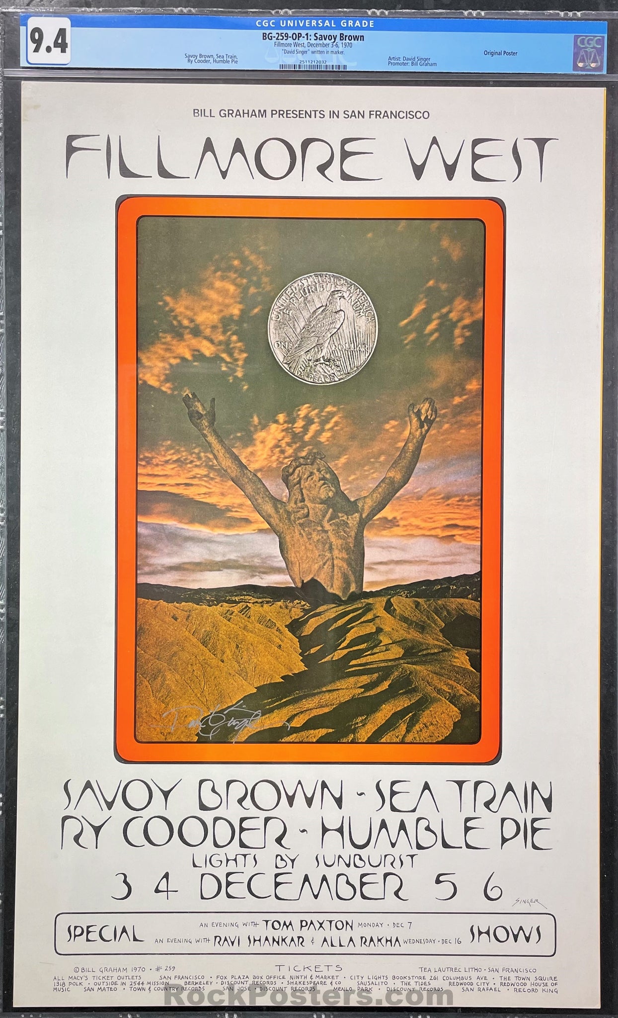 AUCTION -  BG-259 - Savoy Brown - 1970 Poster - David Singer Signed - Fillmore Auditorium - CGC Graded 9.4