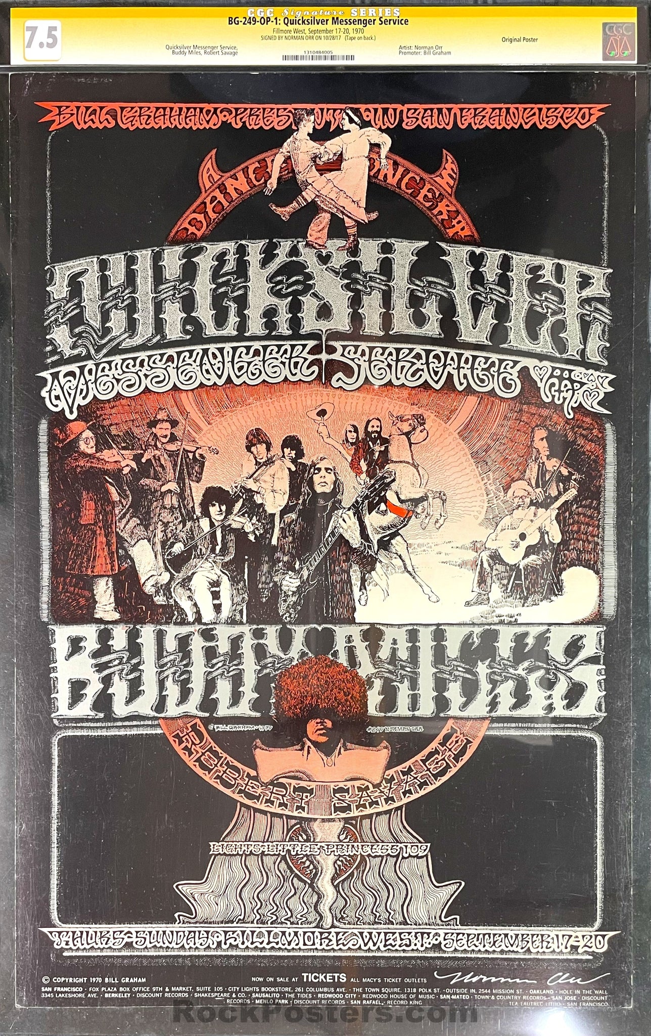 AUCTION - BG-249 - Quicksilver Messenger - Norman Orr Signed - 1970 Signed Poster - Fillmore West - CGC Graded 7.5
