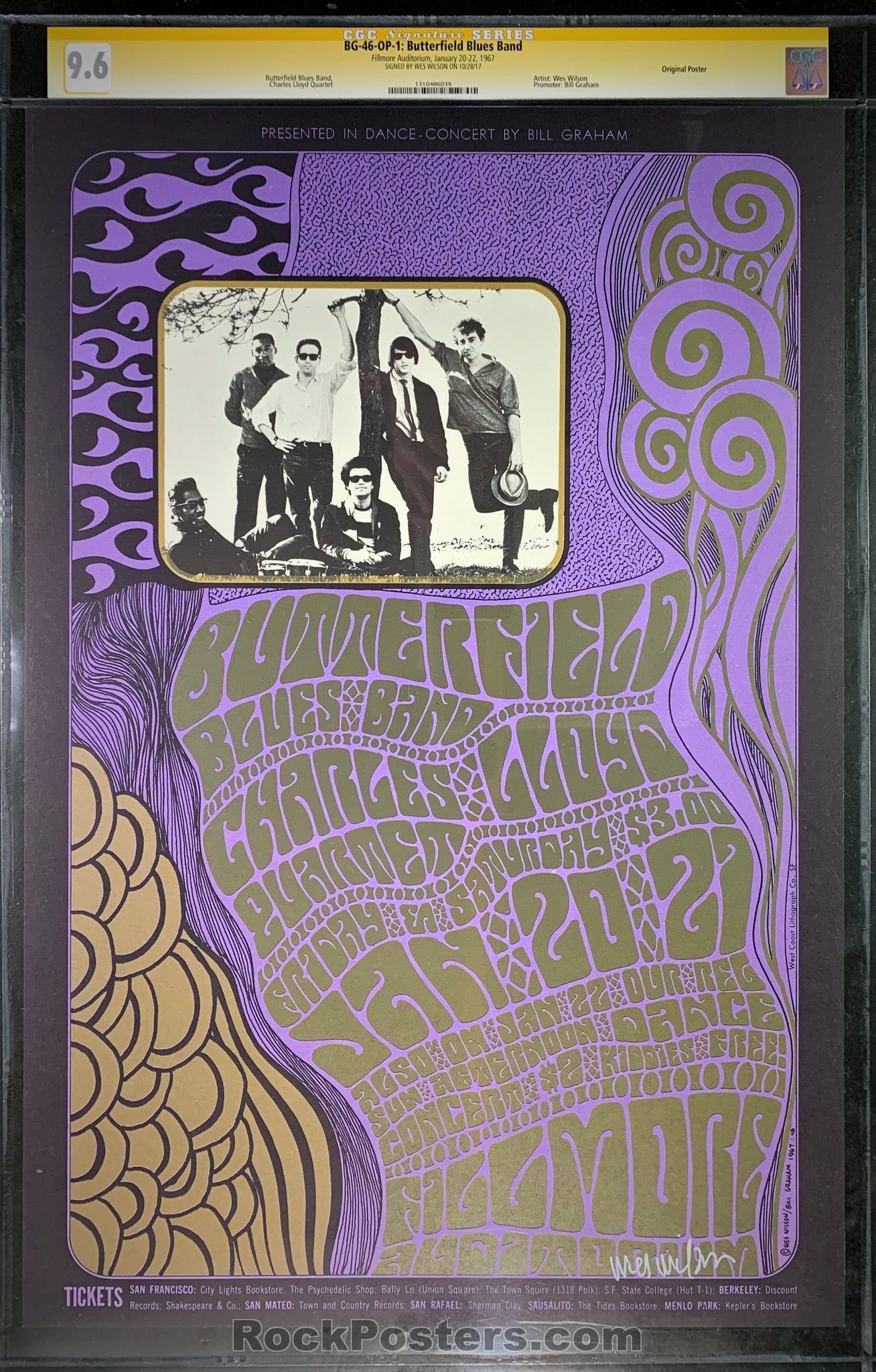 AUCTION - BG-46 - Butterfield Blues Band - Wes Wilson Signed - 1967 Poster - Fillmore Auditorium -  CGC Graded 9.6