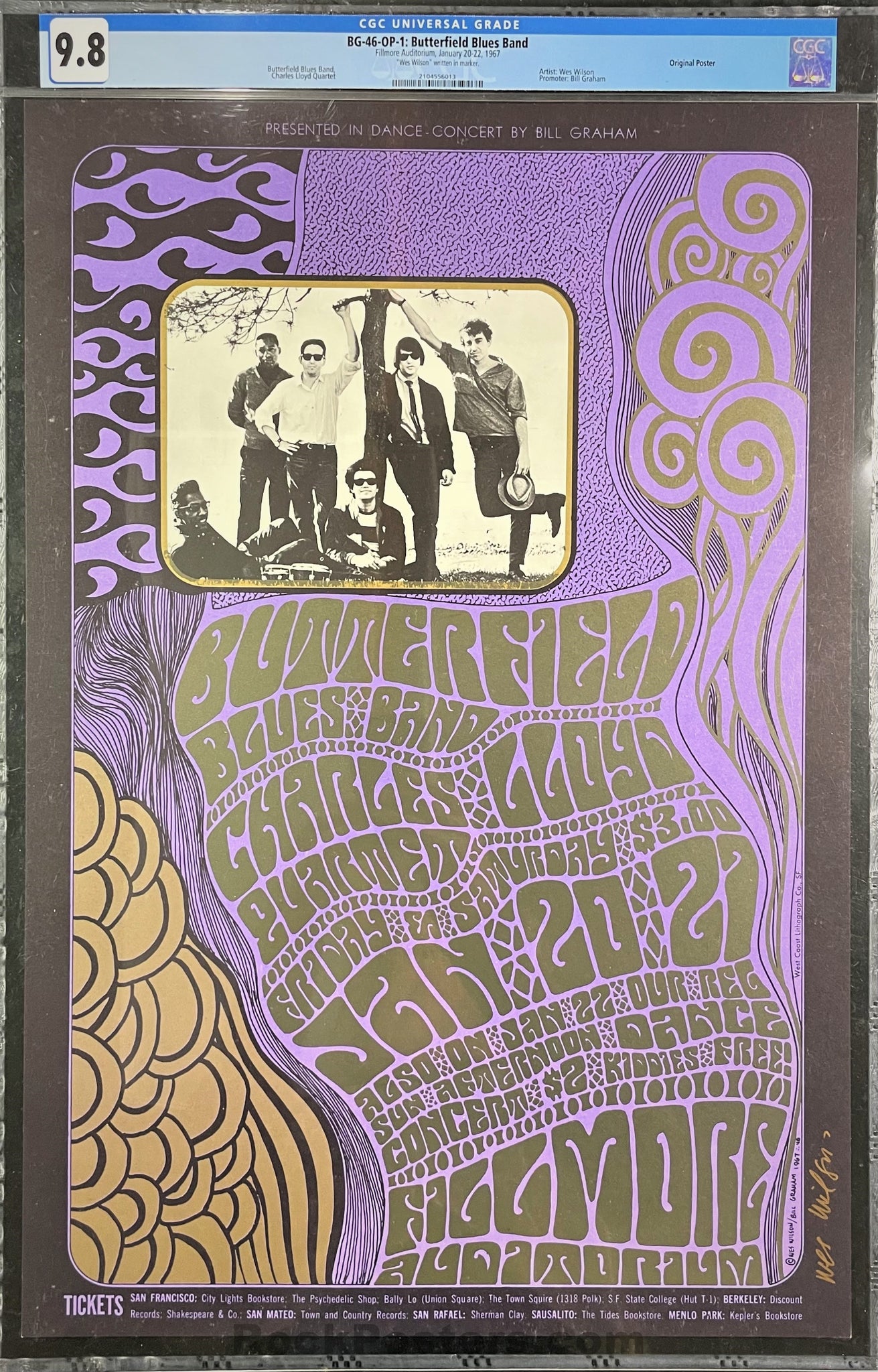 AUCTION -  BG-46 - Butterfield Blues Band - 1967 Poster - Wes Wilson Signed - Fillmore Auditorium - CGC Graded 9.8