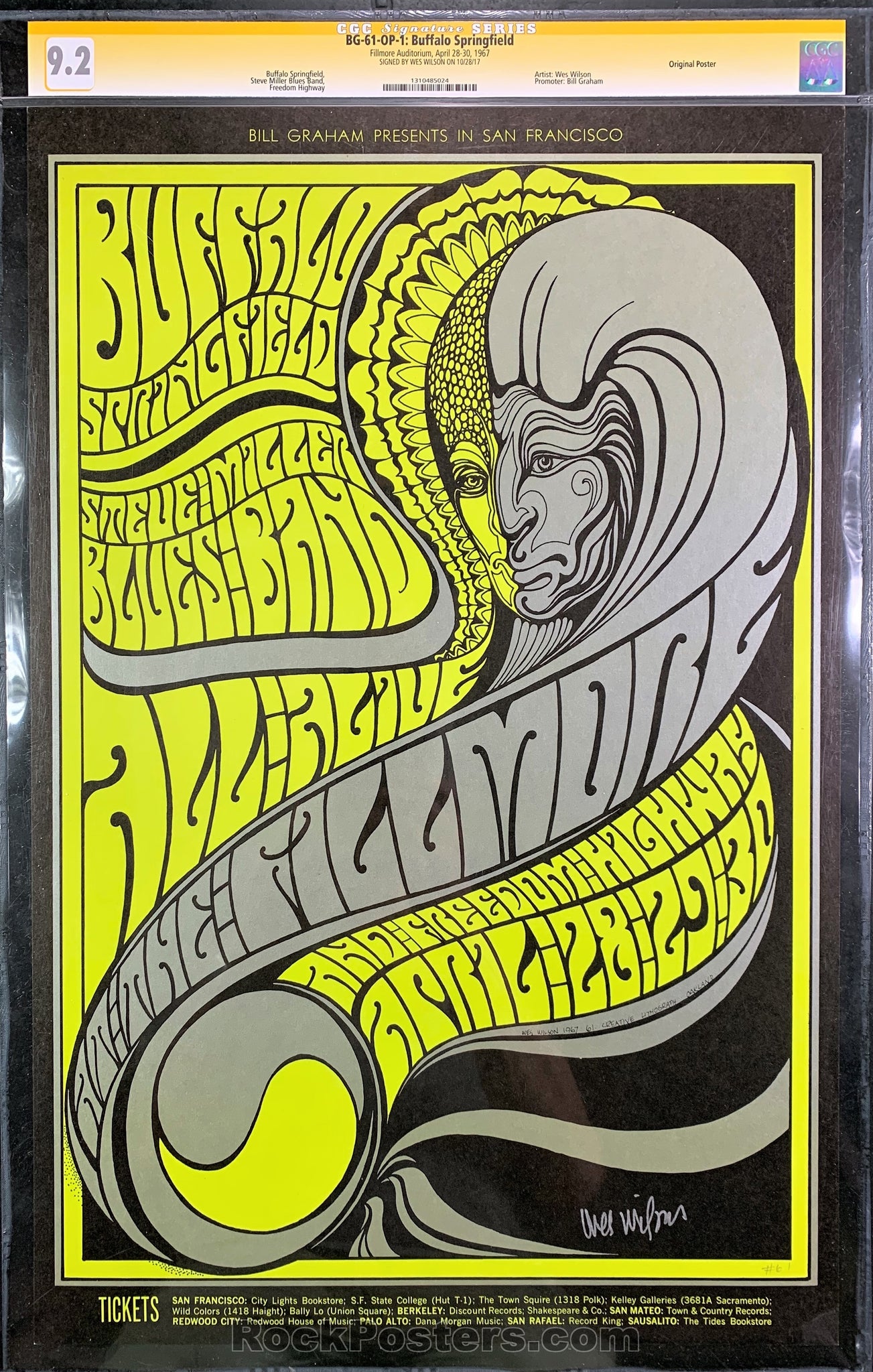 AUCTION - BG-61 - Buffalo Springfield - Wes Wilson Signed - 1967 Poster - Fillmore Auditorium - CGC Graded 9.2