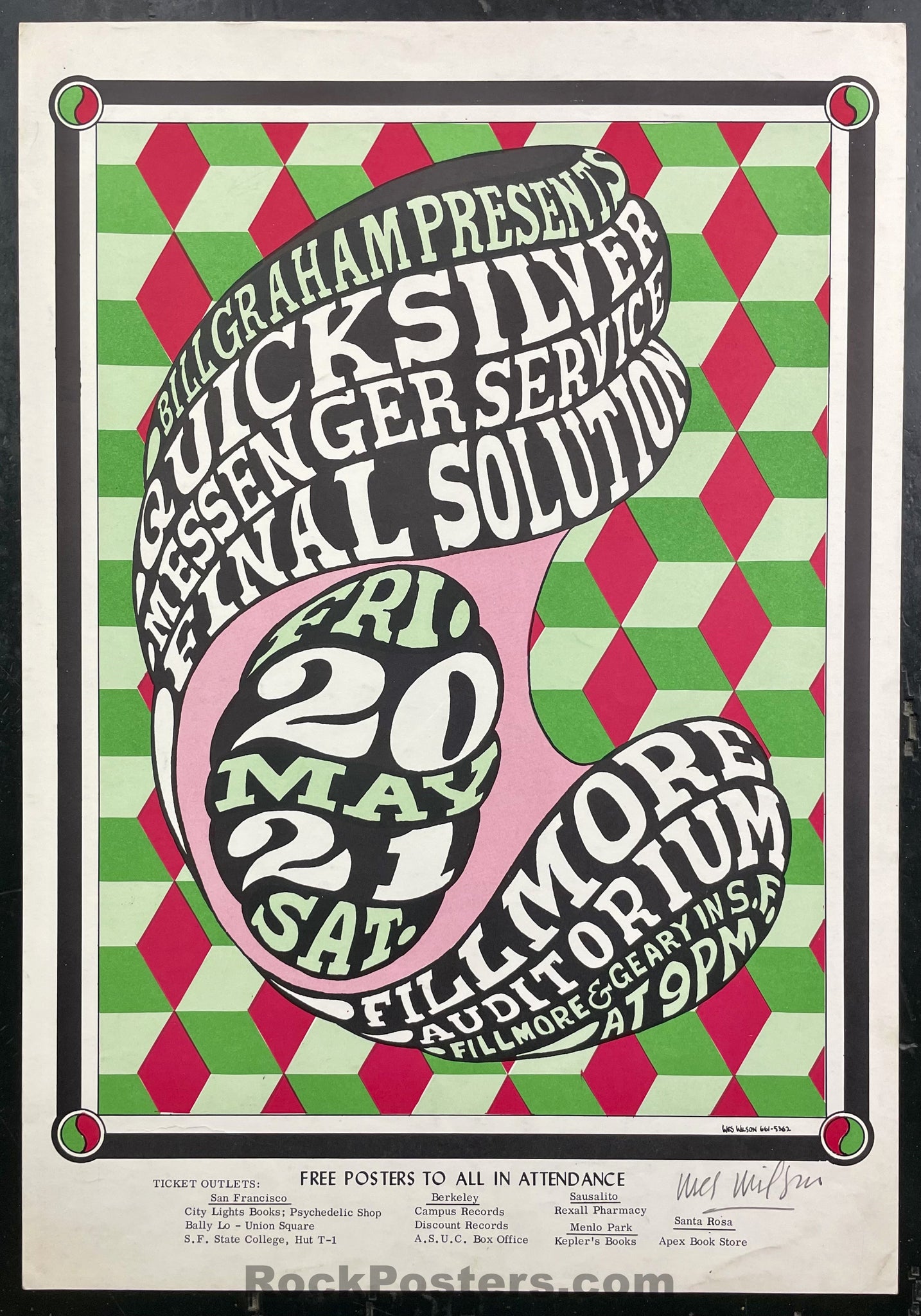 AUCTION - BG-7 - Quicksilver Messenger - Wes Wilson Signed - 1966 Poster - Fillmore Auditorium - Excellent