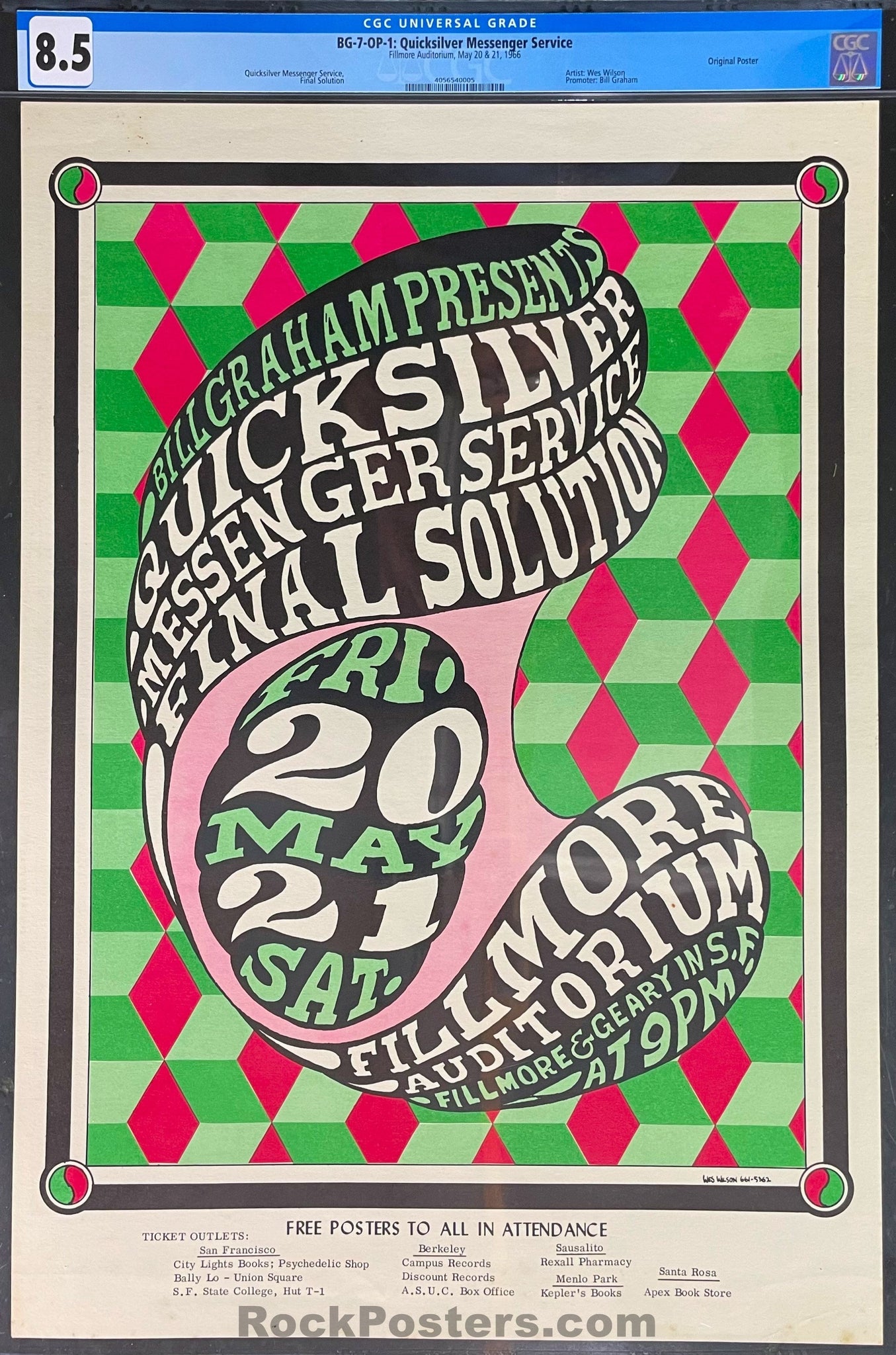 AUCTION -  BG-7 - Quicksilver Messenger - 1966 Poster - Fillmore Auditorium - CGC Graded 8.5