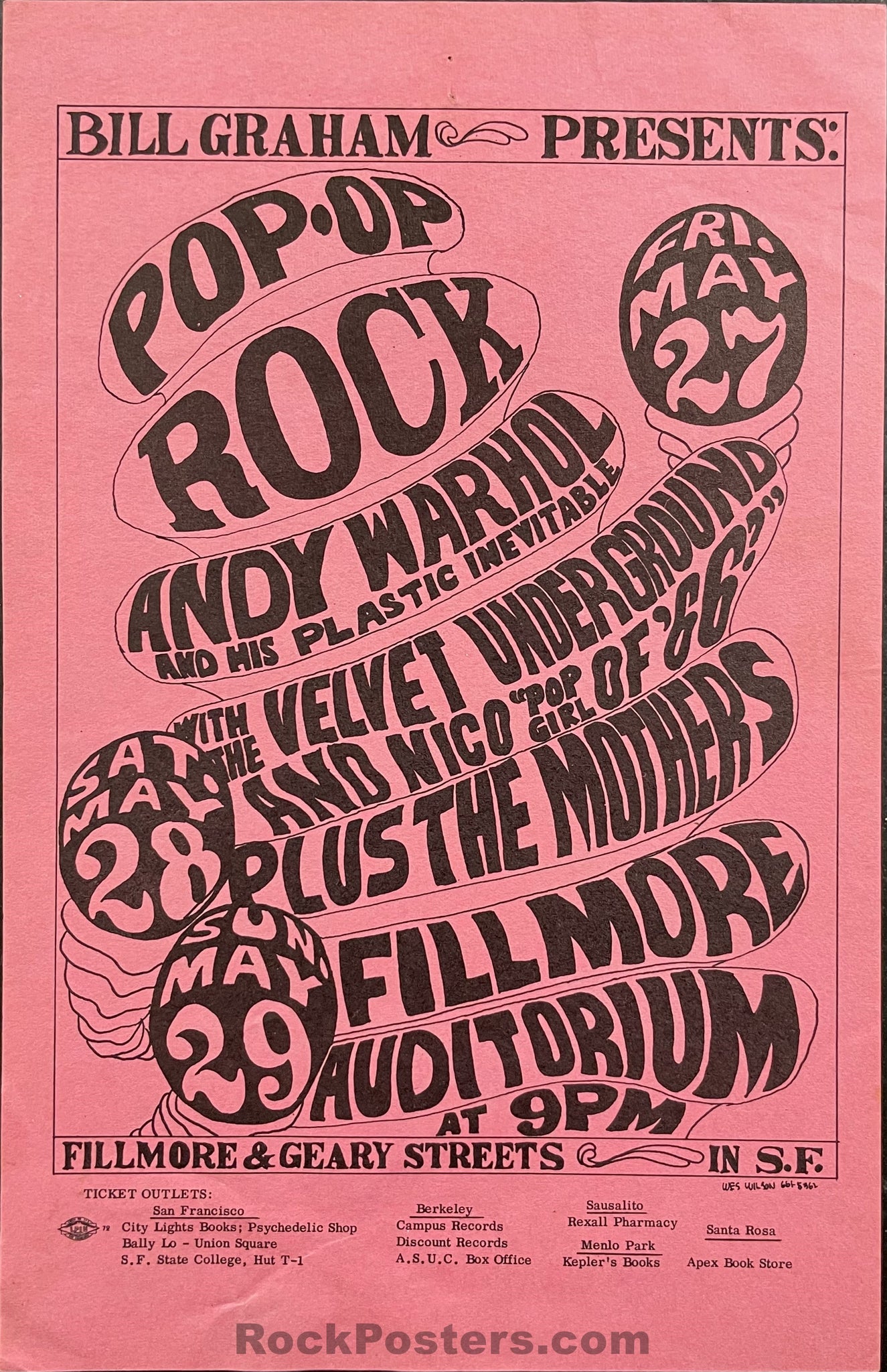 AUCTION - BG-8  - Andy Warhol Velvet Underground - 1966 Handbill - Fillmore Auditorium  - Excellent