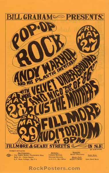 AUCTION - BG-8  - Andy Warhol Velvet Underground - 1966 Handbill - Fillmore Auditorium  - Near Mint