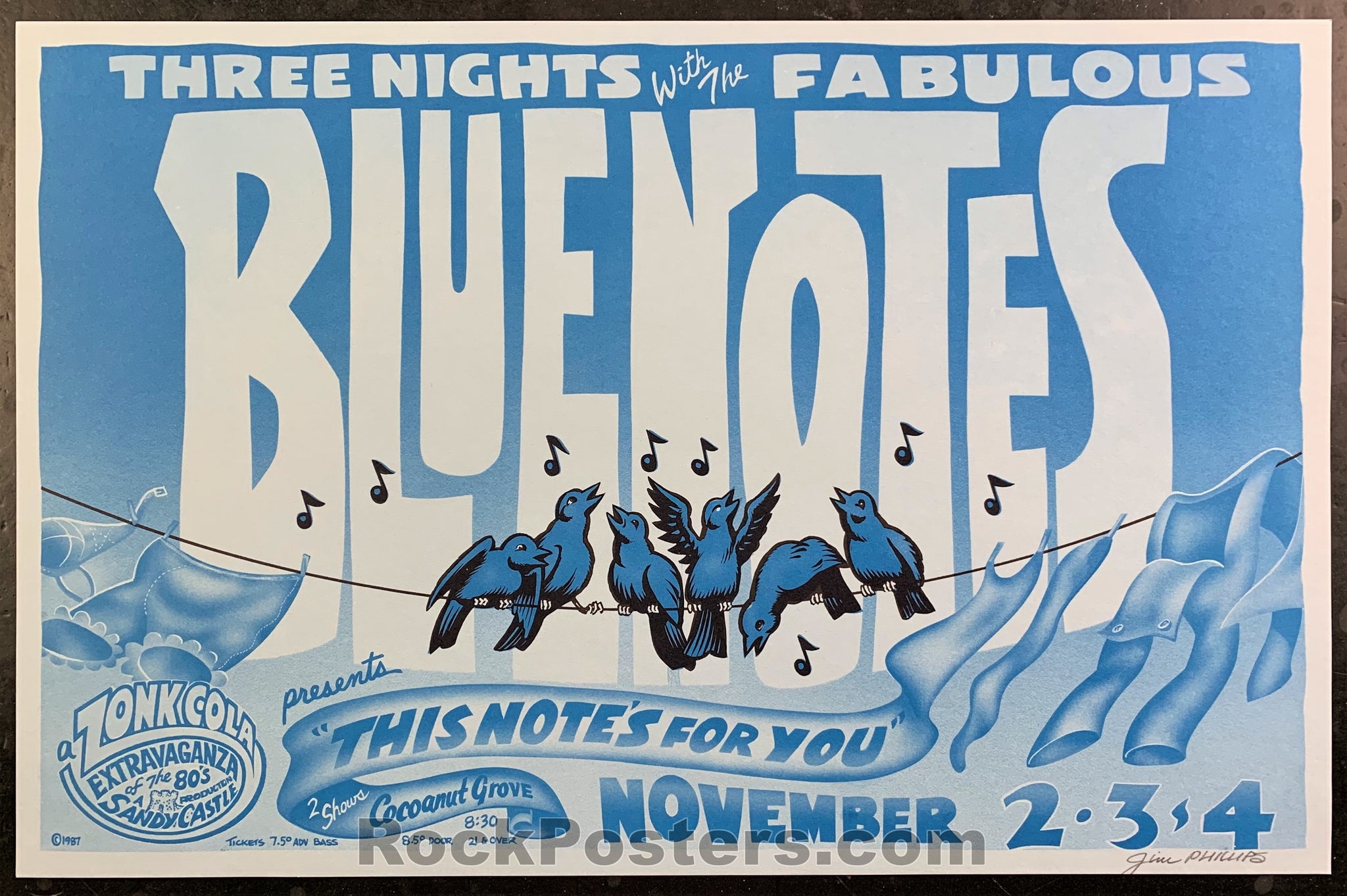 AUCTION - Neil Young  & The Blue Notes - Jim Phillips Signed - 1987 Poster - Coconut Grove Santa Cruz - Mint