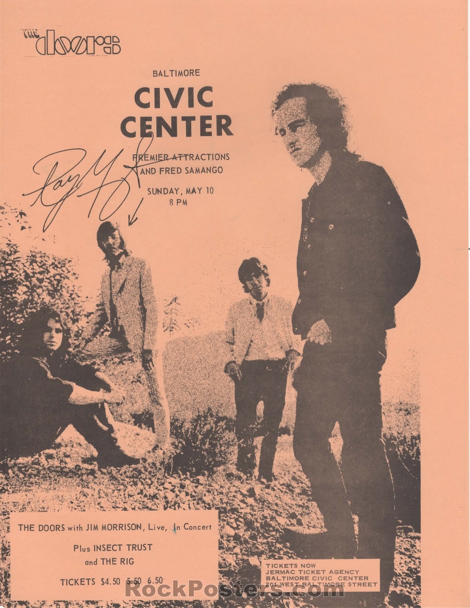 AUCTION - The Doors - Ray Manzarek Signed 1970 Baltimore Concert Handbill - Condition - Near Mint Minus