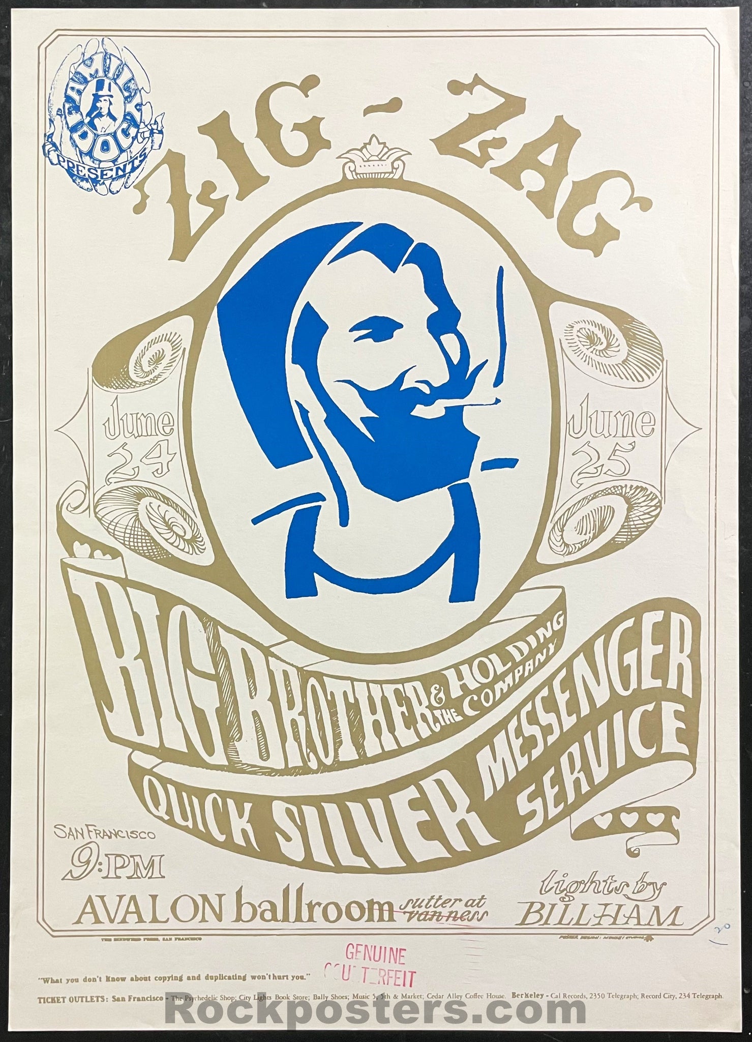 AUCTION - FD 14 - Big Brother Janis Joplin - Zig-Zag Man - "Genuine Counterfeit" - 1966 Poster - Excellent