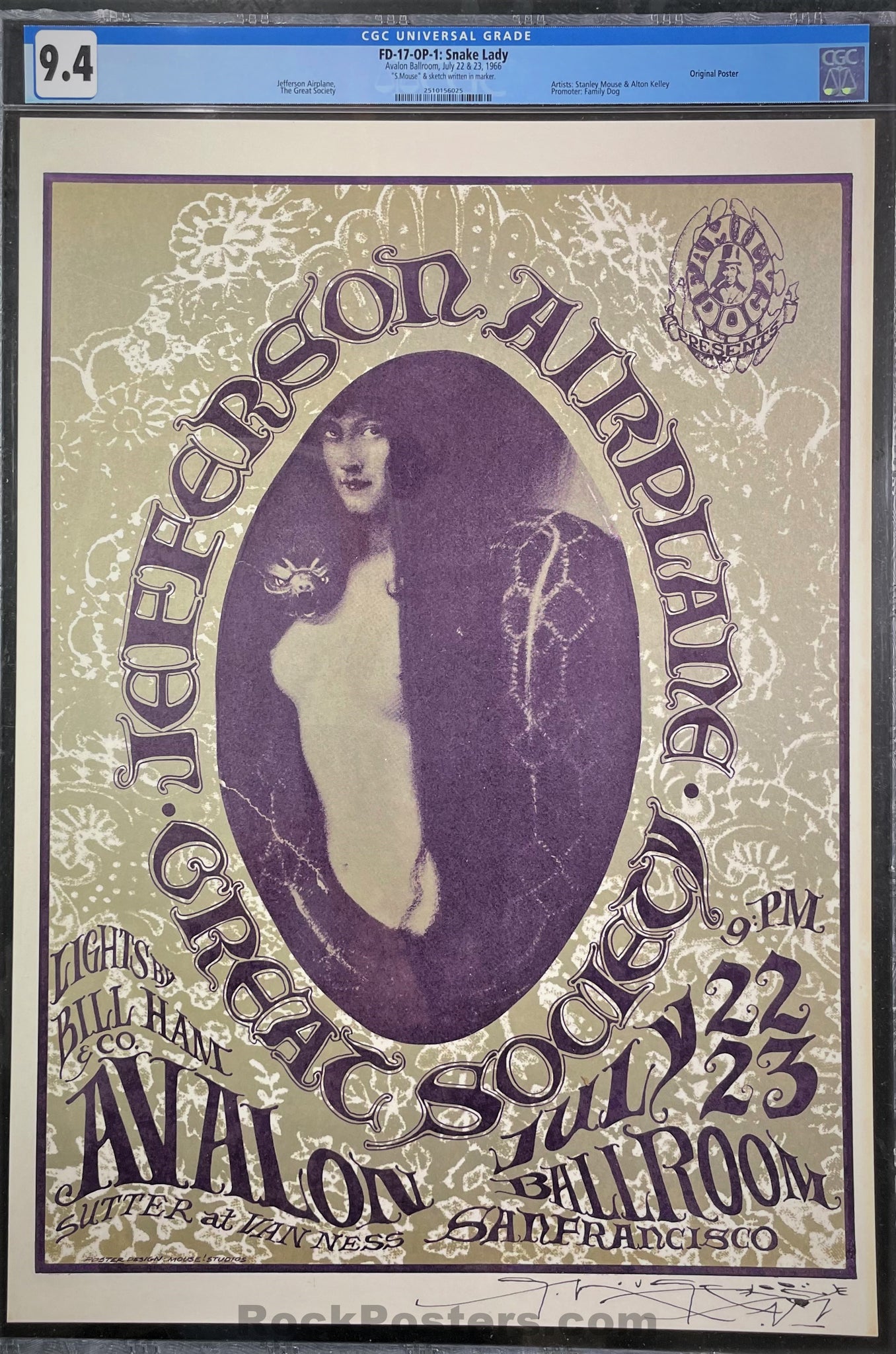 AUCTION - FD-17 - Jefferson Airplane -  Mouse SIGNED - 1966 Poster - Avalon Ballroom - CGC Graded 9.4