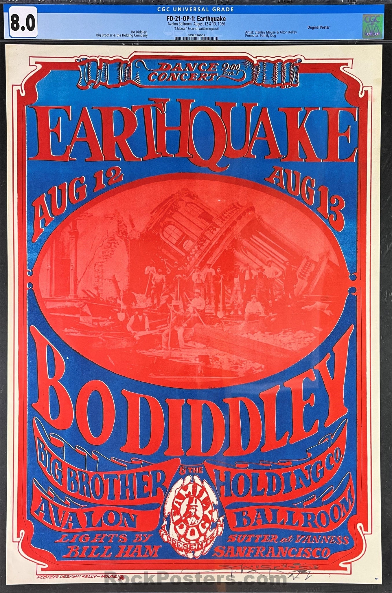 AUCTION - FD-21 - "Earthquake" Bo Diddley - Mouse Signed - 1966 Poster - Avalon Ballroom - CGC Graded 8.0