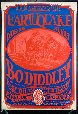 AUCTION - FD-21 - "Earthquake" Bo Diddley - Mouse Signed - 1966 Poster - Avalon Ballroom - Good
