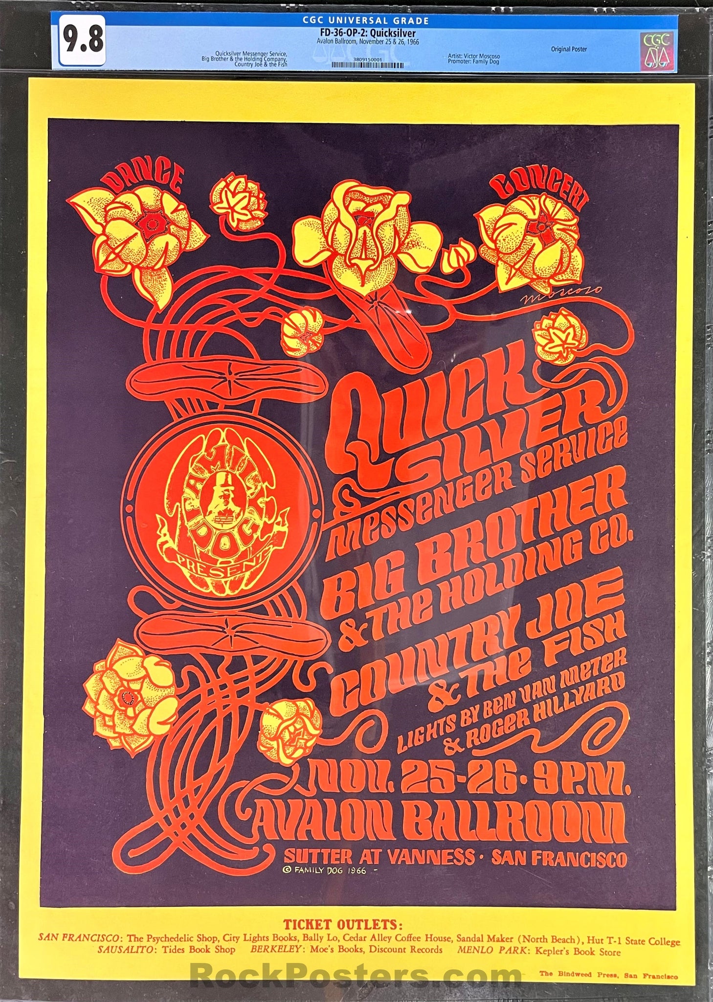 FD-36-OP-2 - Quicksilver Messenger - Victor Moscoso - 1966 Poster - Avalon Ballroom - CGC Graded 9.8